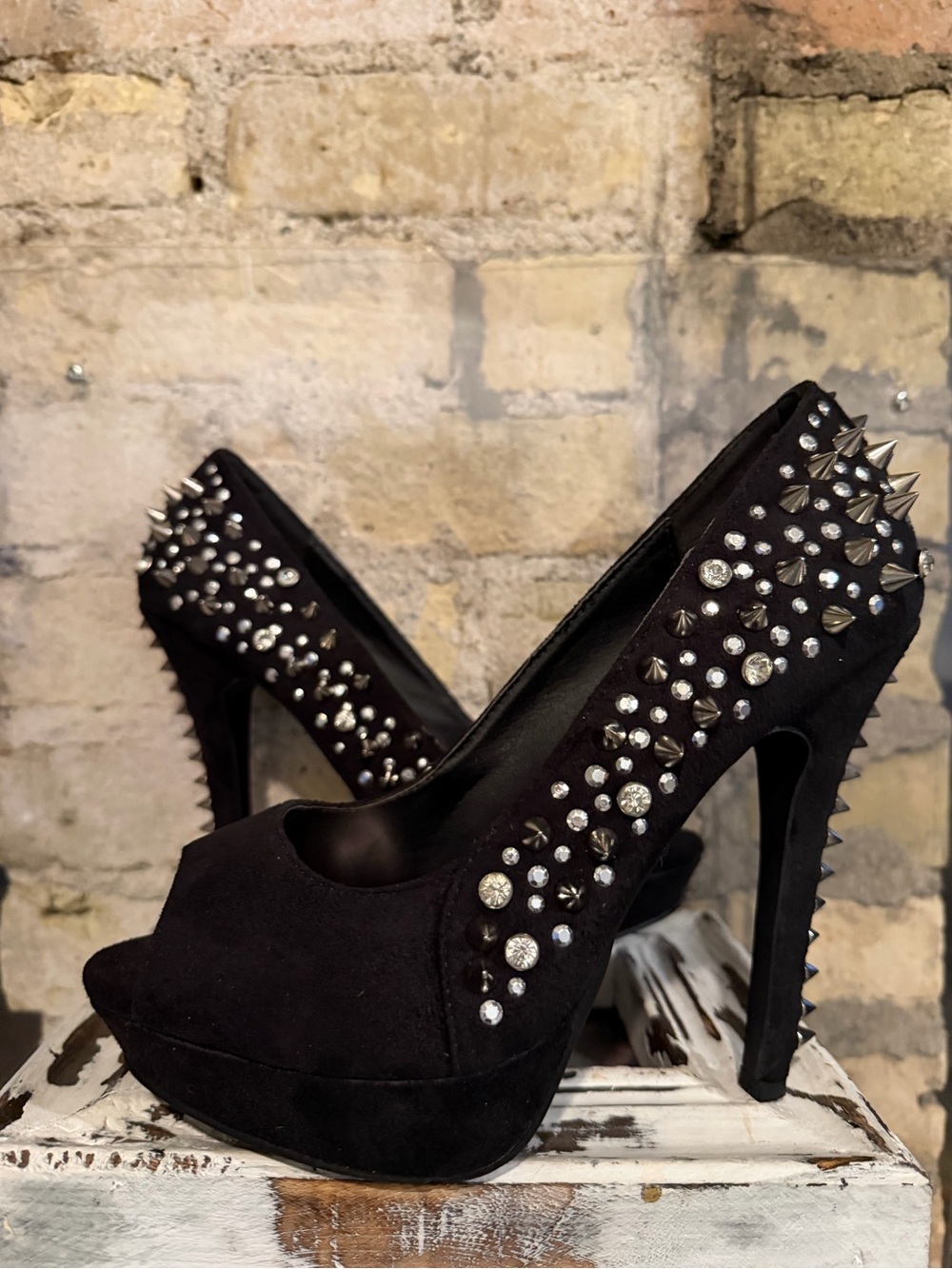Studded High Heel Peep-Toe Faux Suede Pumps